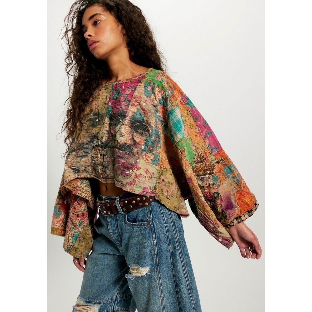 Magnolia Pearl Patchwork Quilted Gandhi Distressed Poncho Cropped Top NWT - Picture 2 of 9